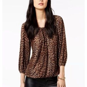 𝅺MICHAEL KORS peasant leopard print blouse long sleeves silky soft NEW size S